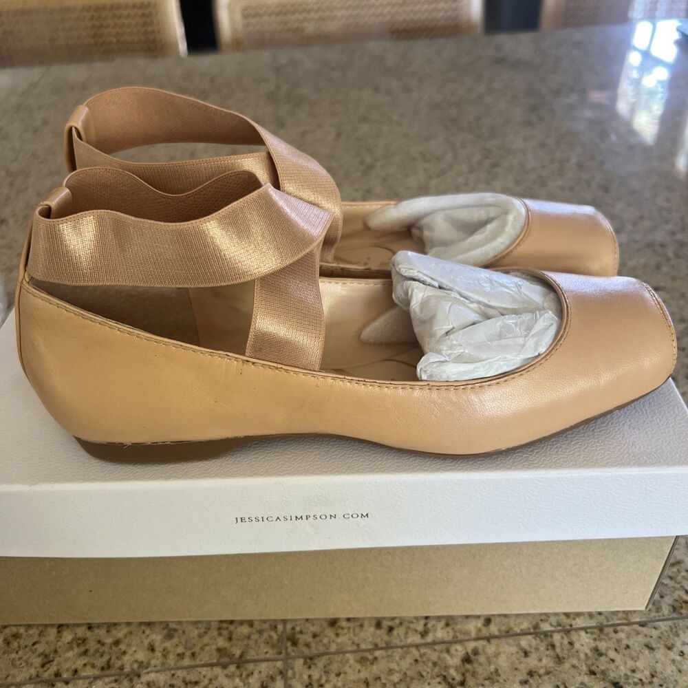 Jessica Simpson Mandalaye Criss-Cross Ballet Flats Size 6 Natural Sleek Leather - Picture 4 of 9